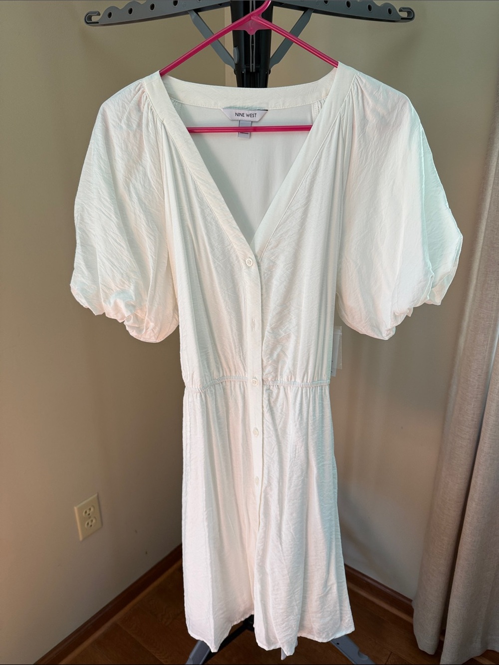 Nine West White Button-Down Puff Sleeve Midi Dress
